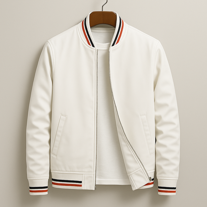 Modern men's bomber jacket, a versatile zip-up outerwear piece for timeless urban and casual fashion.