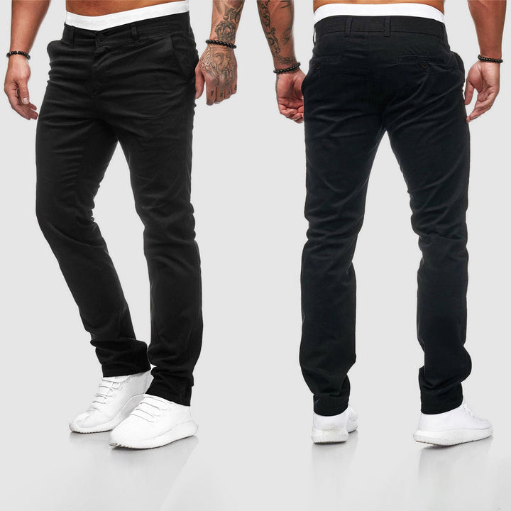 Close-up of men's straight leg slim fit chino pants, highlighting fabric and classic style.