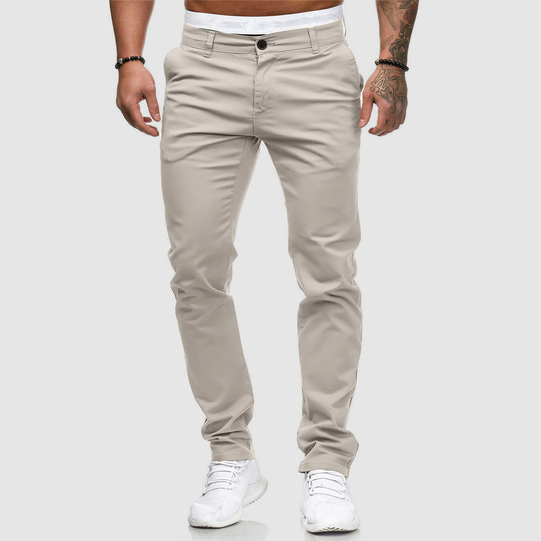 Comfortable men's slim fit chinos with a modern straight leg, great for everyday style.