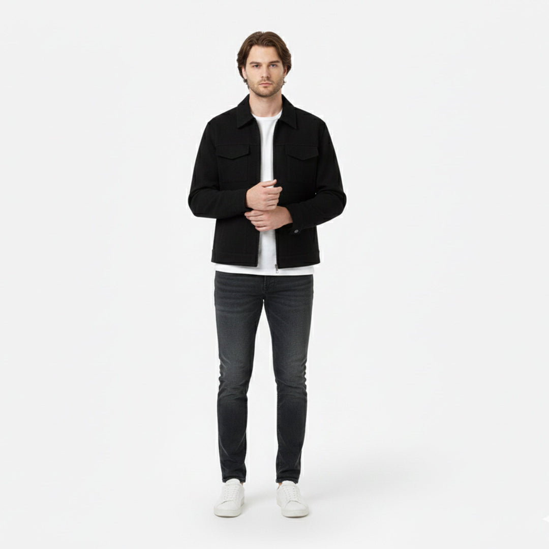 Warm men's zip jacket, essential casual outerwear for cold fall & winter style. Everyday versatile fashion.