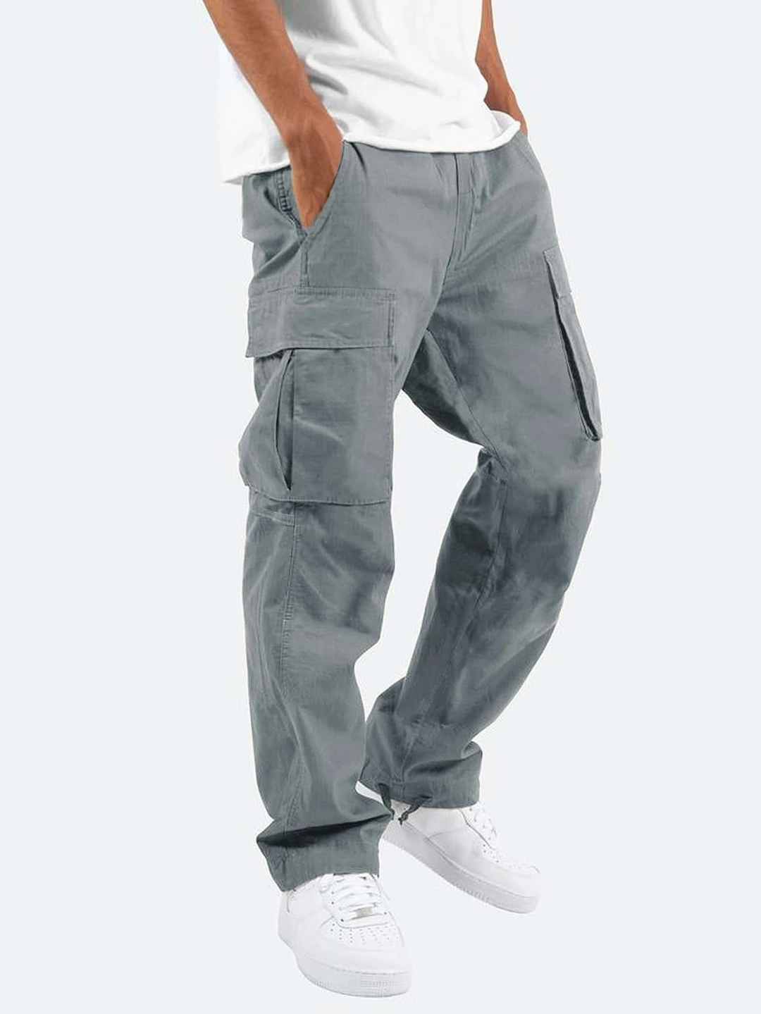 Black men's cargo pants, relaxed fit, perfect for versatile casual wear & utility fashion.