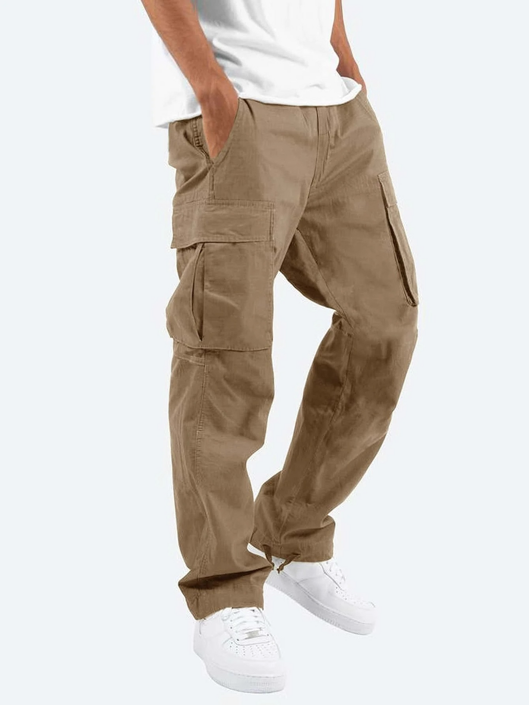 Comfortable men's utility trousers with multiple functional pockets for all-day wear. Grey cargo pants style.