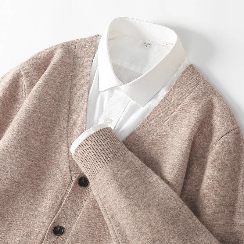 Men's V-neck button-down cardigan sweater in a classic knit, perfect for casual layering & style.