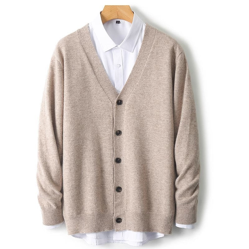 Stylish men's casual button-down cardigan with V-neck, ideal for effortless layering over shirts.