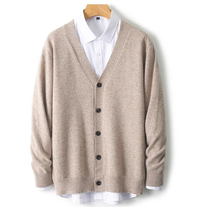 Stylish men's casual button-down cardigan with V-neck, ideal for effortless layering over shirts.