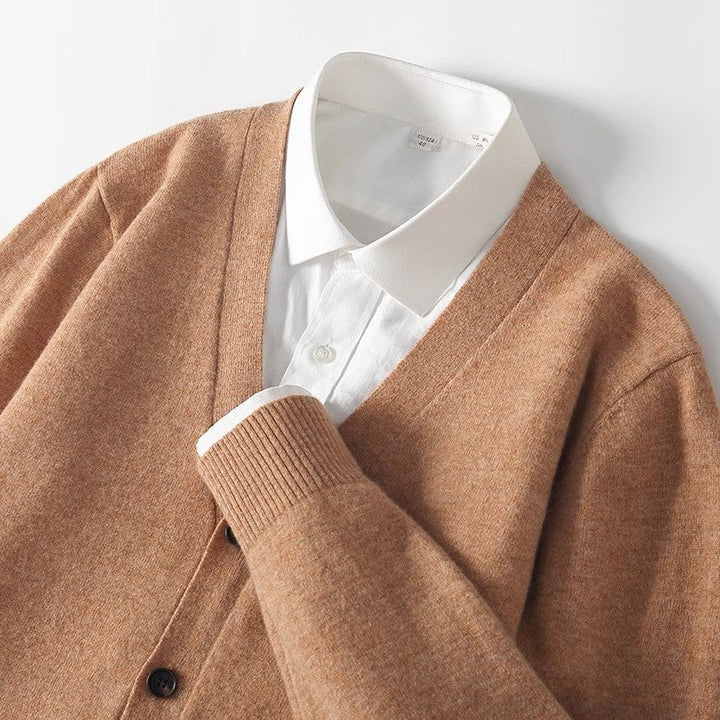 Comfortable men's V-neck button-down sweater, a versatile cardigan for stylish cool-weather layering.