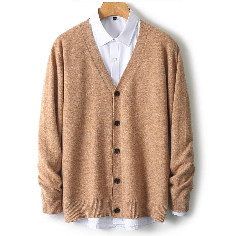 Versatile men's button-down V-neck cardigan sweater, great for smart casual and everyday layering looks.