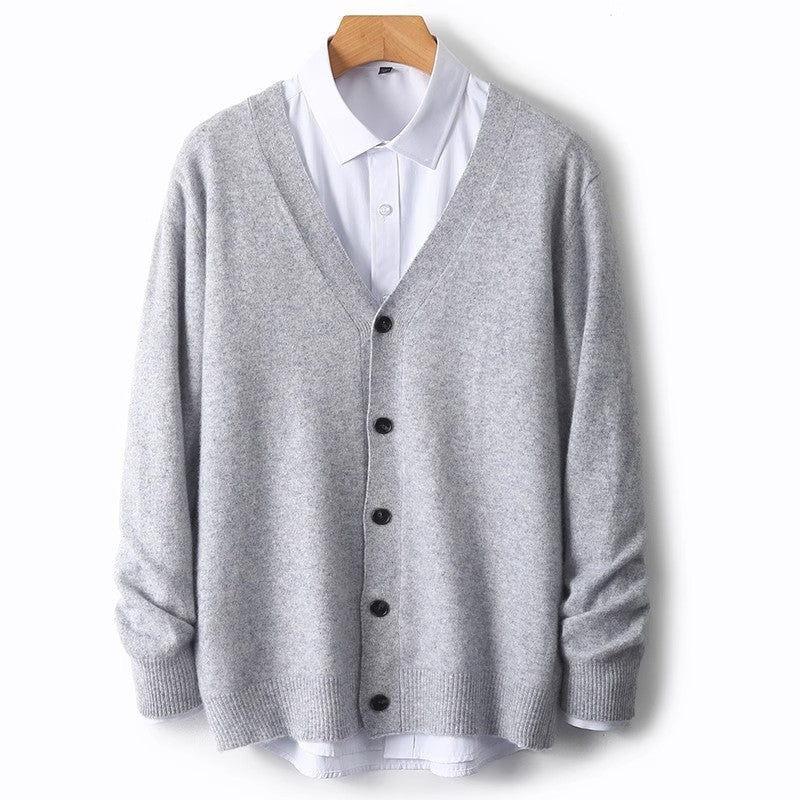 Classic fit men's button-down V-neck cardigan sweater, designed for easy and stylish layering.
