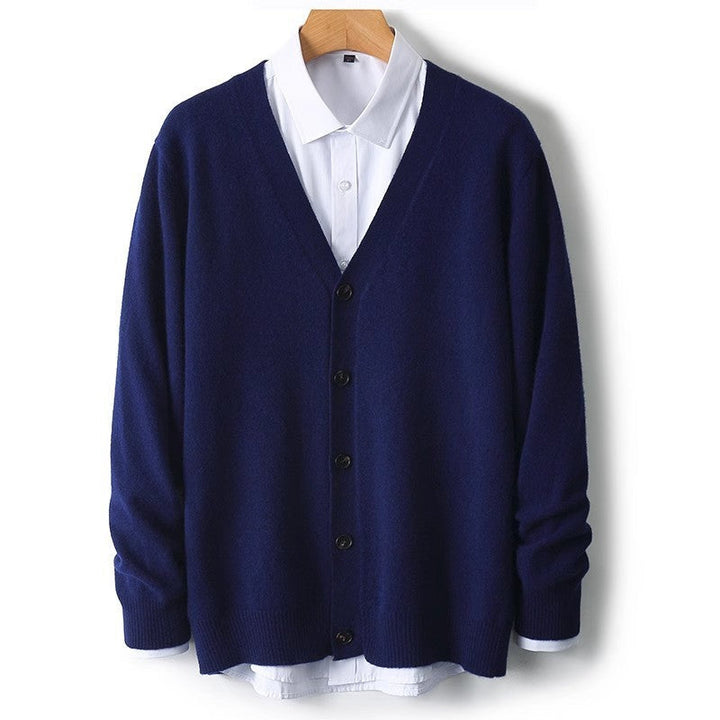 Soft knit men's V-neck button-down cardigan sweater for stylish, comfortable, and versatile layering.