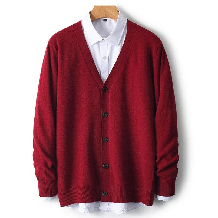 Cozy men's button-down V-neck sweater cardigan, an essential piece for smart casual layering outfits.