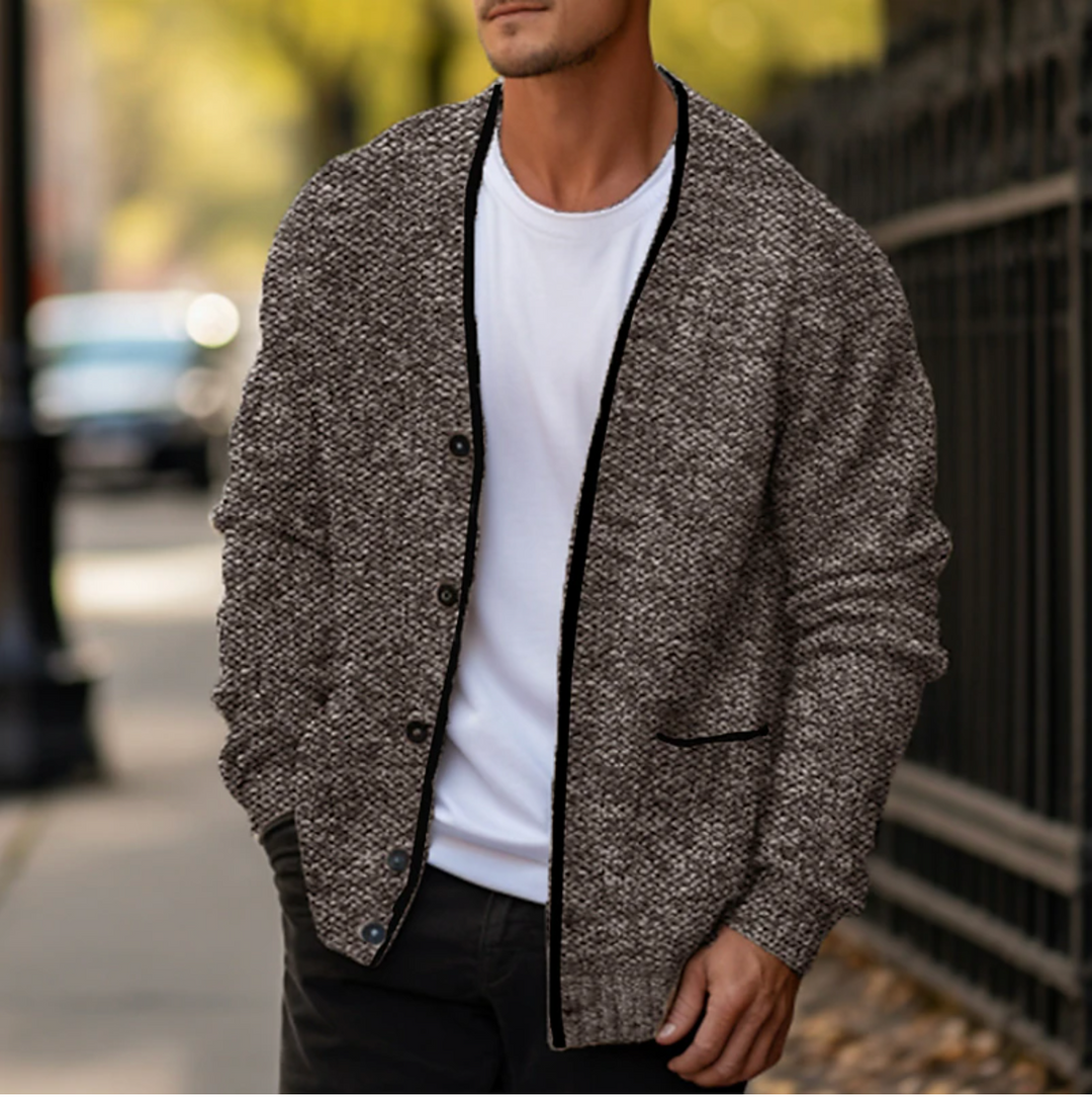 Casual V-neck mens cardigan sweater, perfect for smart casual fall fashion