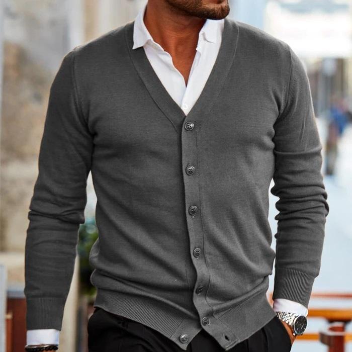 Front view of a men's V-neck cardigan, showcasing the button-up closure and classic fit.