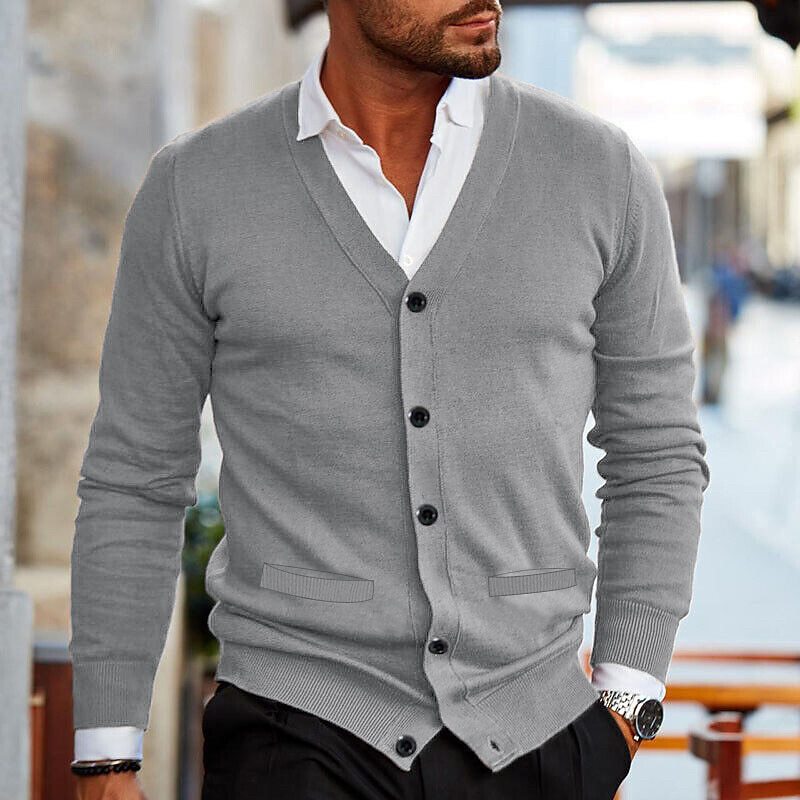 Men's V-neck knit cardigan in a relaxed fit, ideal for everyday fashion and comfort.