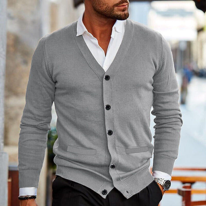 Men's V-neck knit cardigan in a relaxed fit, ideal for everyday fashion and comfort.