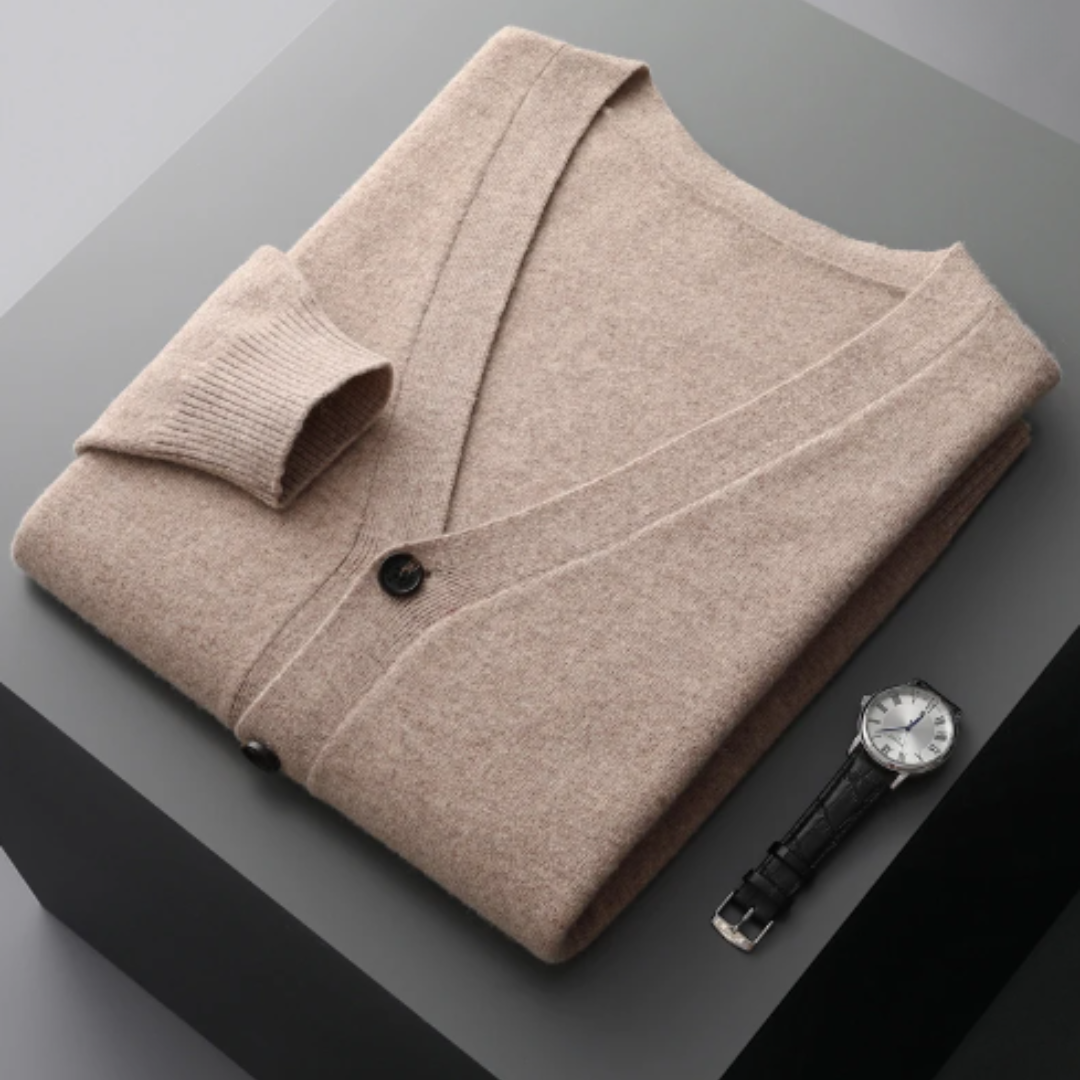 Men's V-neck cardigan sweater with button front, offering effortless style & comfort.