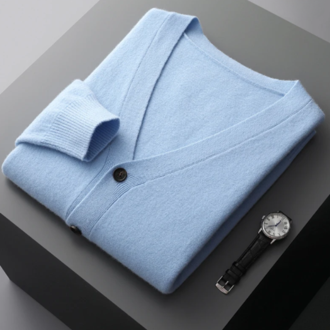 Men's V-neck sweater cardigan, ideal for casual layering and a relaxed, comfortable feel.