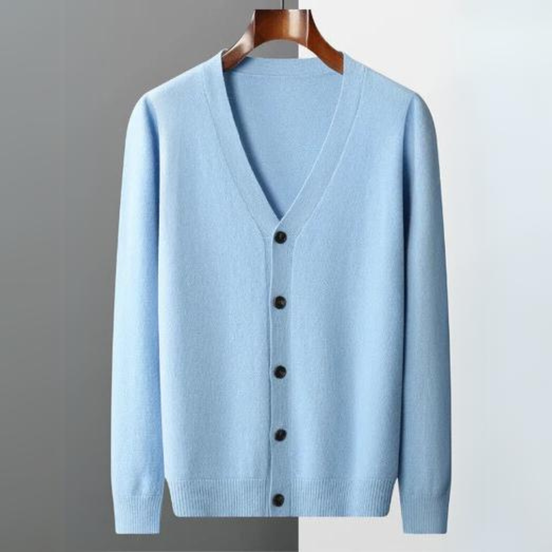 Relaxed fit men's V-neck button-front cardigan sweater, combining style & ultimate comfort.