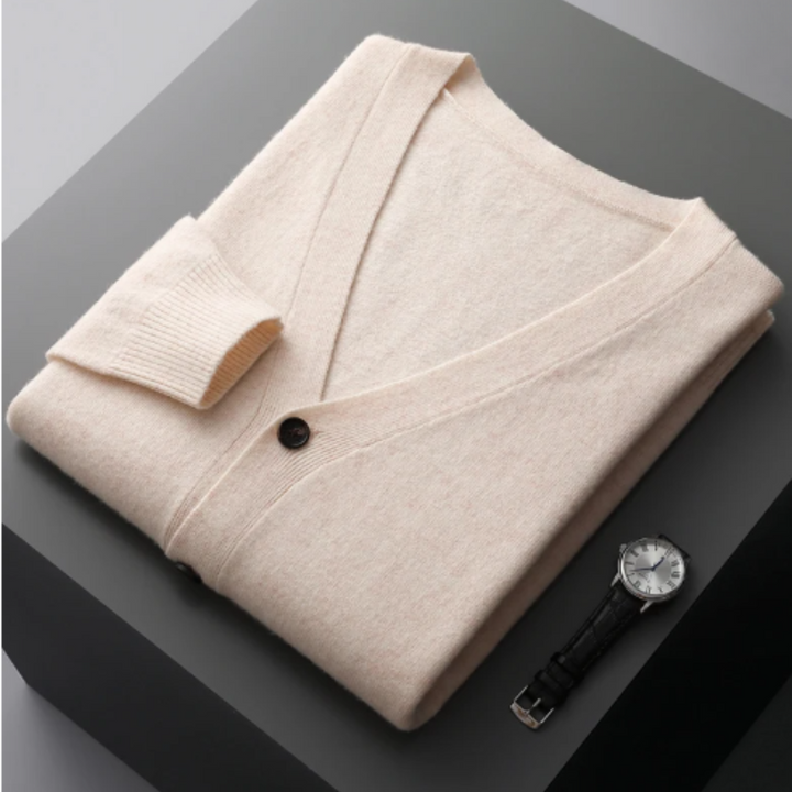 Stylish men's V-neck button-front cardigan sweater for casual wear, relaxed fit.