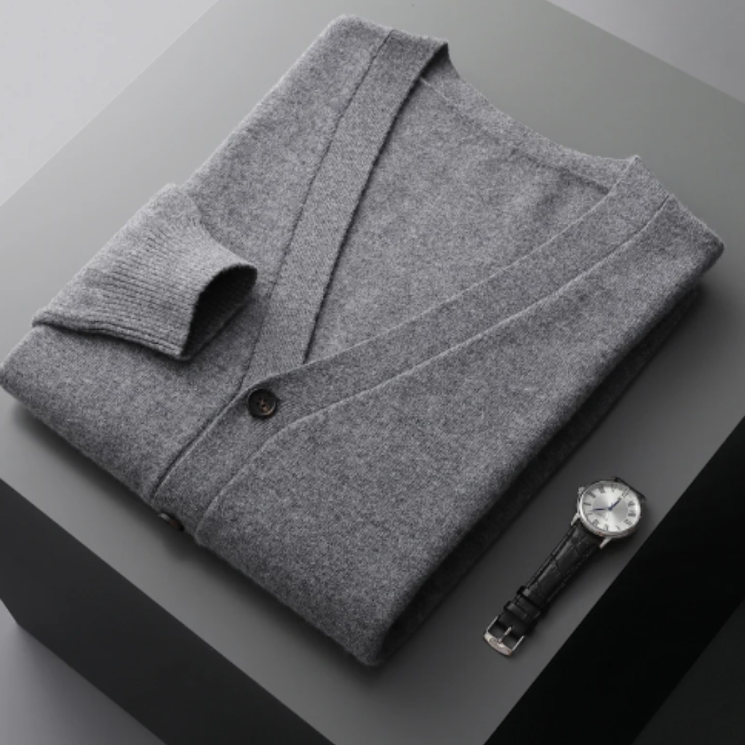 Comfortable men's V-neck cardigan sweater, featuring a relaxed fit & versatile design.