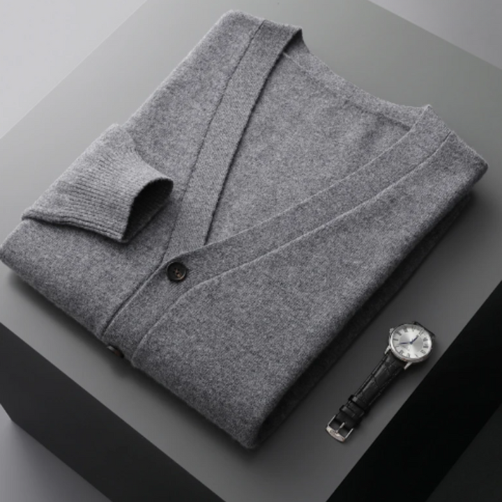 Comfortable men's V-neck cardigan sweater, featuring a relaxed fit & versatile design.