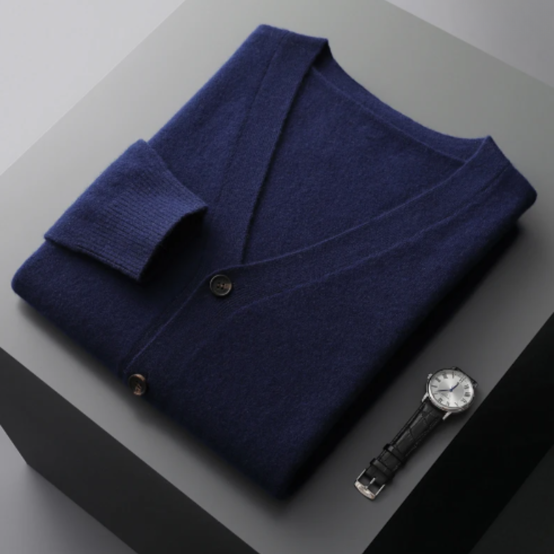 Versatile men's V-neck cardigan sweater, perfect for casual layering and comfort.
