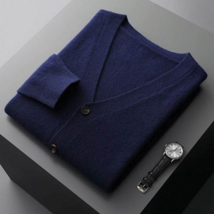 Versatile men's V-neck cardigan sweater, perfect for casual layering and comfort.