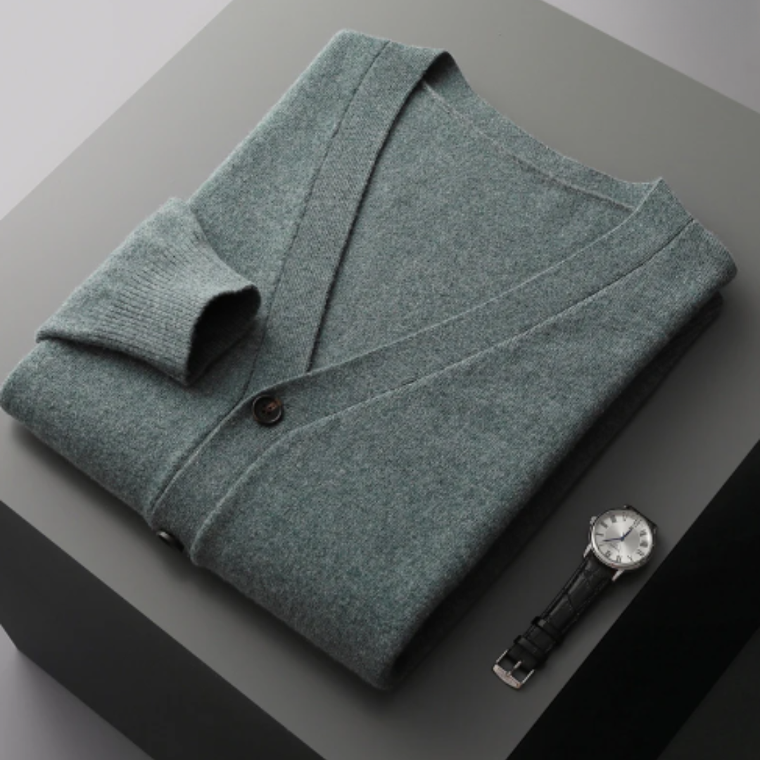 Soft, comfortable men's V-neck cardigan sweater with a classic button-front design.