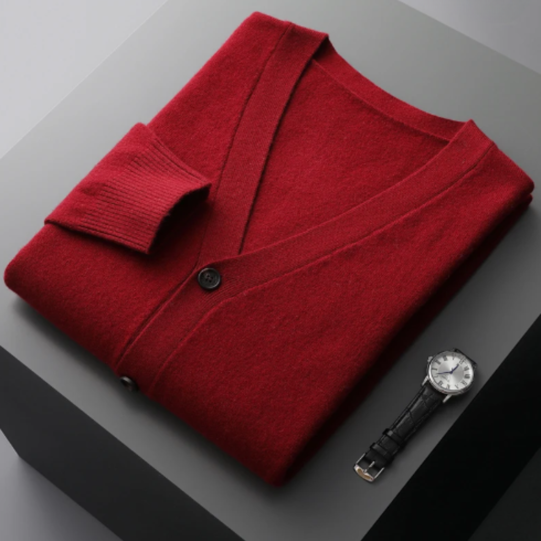Man wearing a relaxed fit V-neck cardigan sweater, showcasing its casual style & comfort.