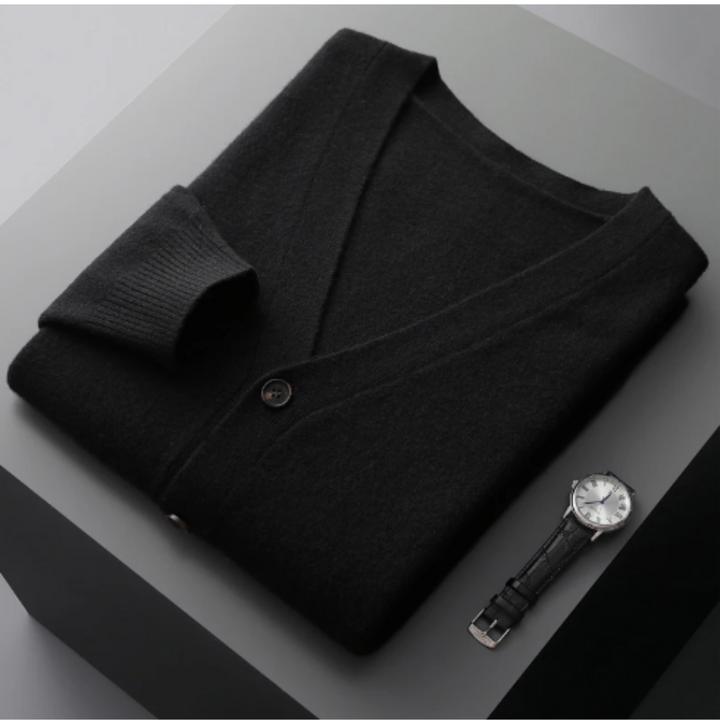 Close-up of button front detail on a men's V-neck cardigan sweater, comfortable fit.
