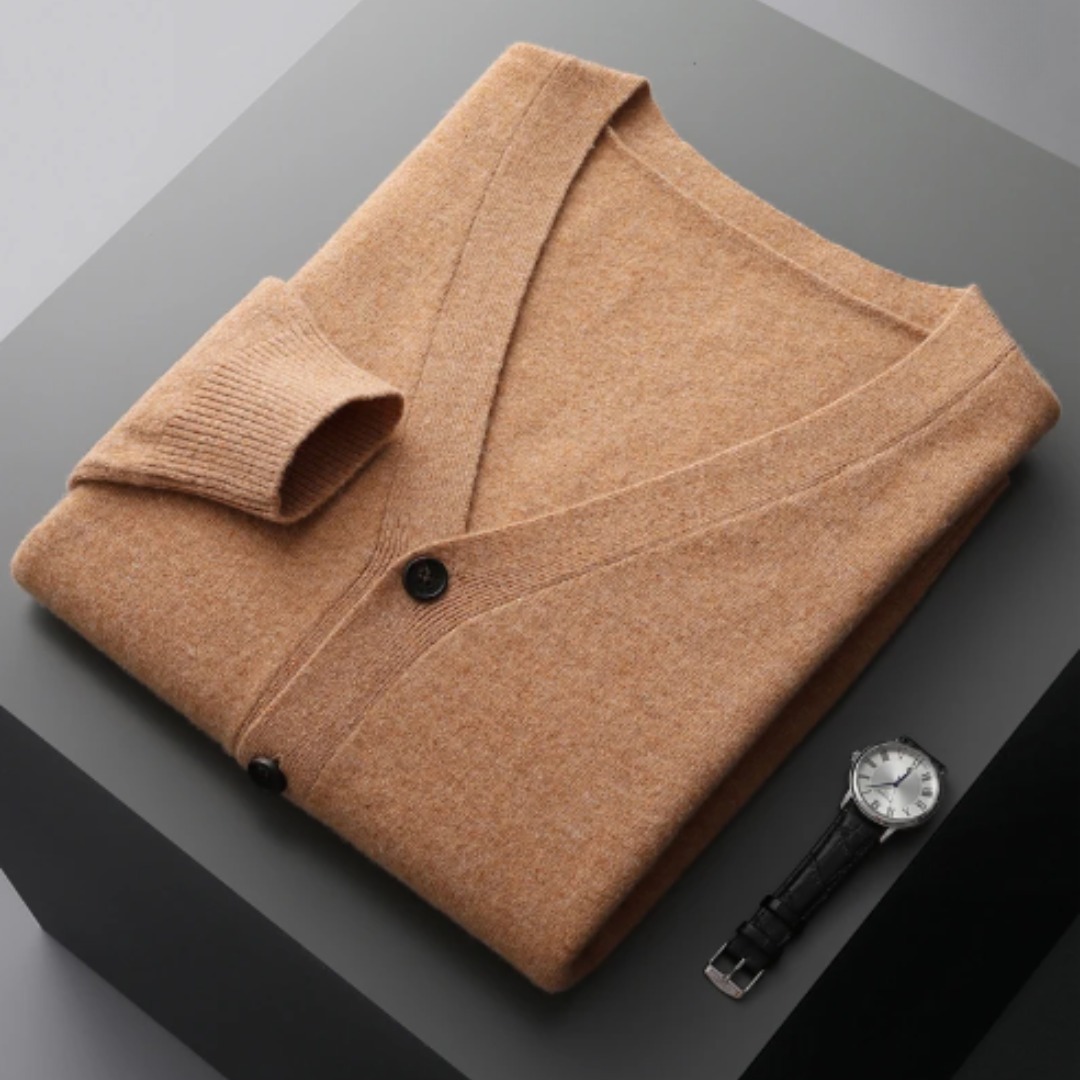Classic men's V-neck cardigan sweater, offering versatile style and a comfortable, relaxed fit.