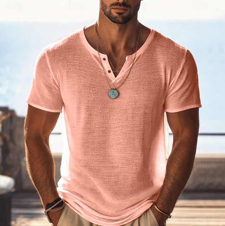 Men's casual V-neck Henley shirt with button placket. Lightweight, comfortable & perfect for summer styling.