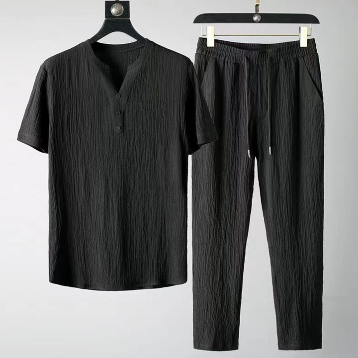 Men's V-neck linen two-piece set, a stylish casual outfit with drawstring pants, ideal for summer fashion.