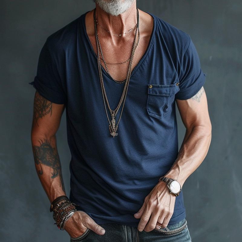 Men's V-neck short sleeve casual t-shirt in a relaxed fit, perfect for everyday wear & comfortable style.