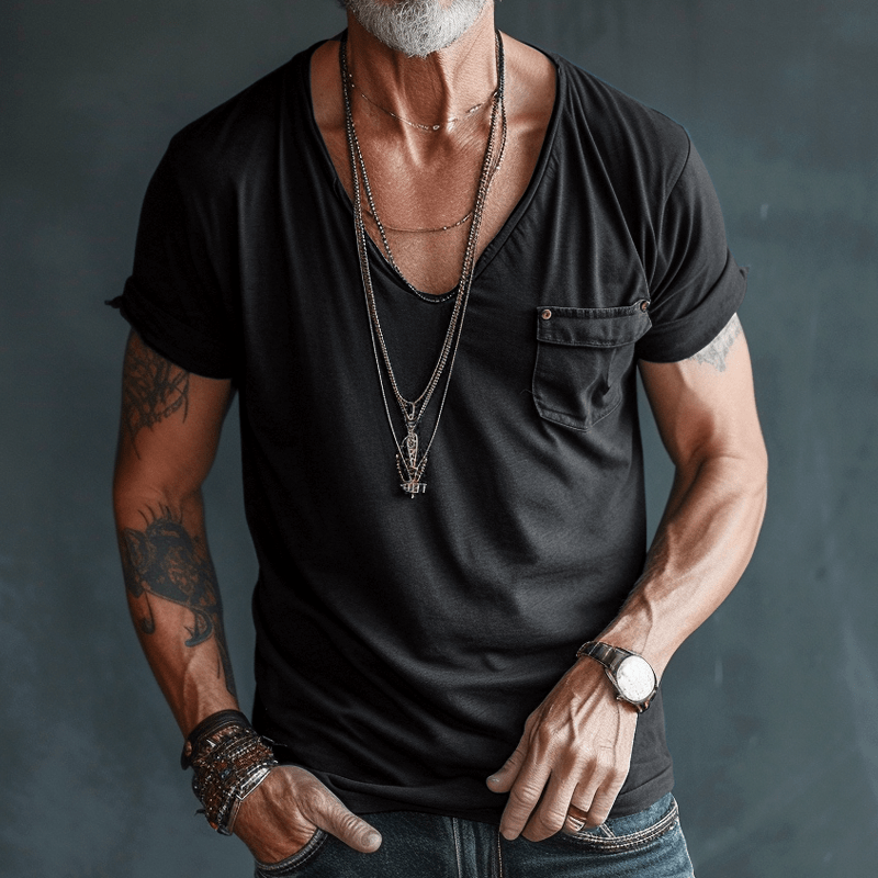 Comfortable men's V-neck tee. Short sleeve, relaxed fit, versatile for casual wear or layering.