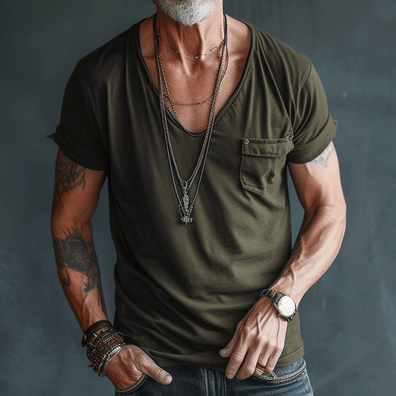 Short sleeve men's V-neck tee. Casual, comfortable & versatile for everyday fashion. Relaxed fit basic shirt.