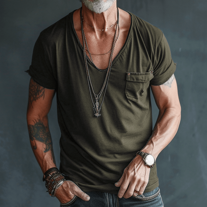 Short sleeve men's V-neck tee. Casual, comfortable & versatile for everyday fashion. Relaxed fit basic shirt.