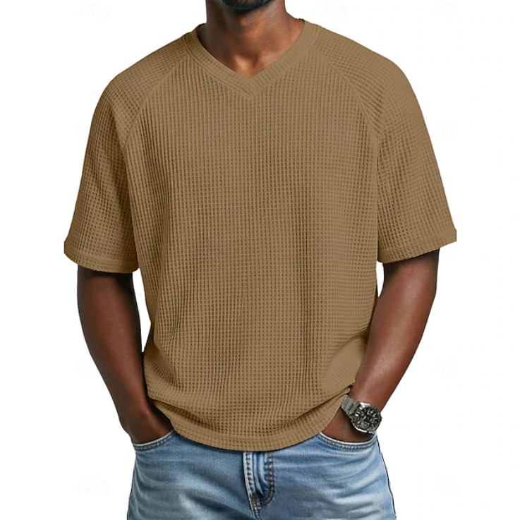 Stylish men's V-neck short sleeve textured shirt. Perfect for casual summer comfort & everyday wear.
