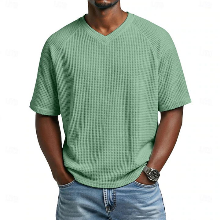 Summer men's V-neck textured short sleeve shirt. Ideal for a relaxed fit, casual look & comfort.