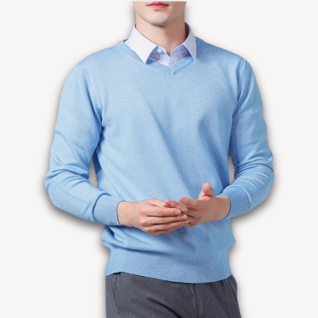 Navy blue men's V-neck sweater, slim fit, soft comfort, essential for men's smart casual.
