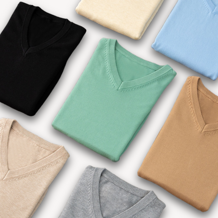 Side profile of a man in a slim fit V-neck sweater, comfortable & stylish for men's fashion.