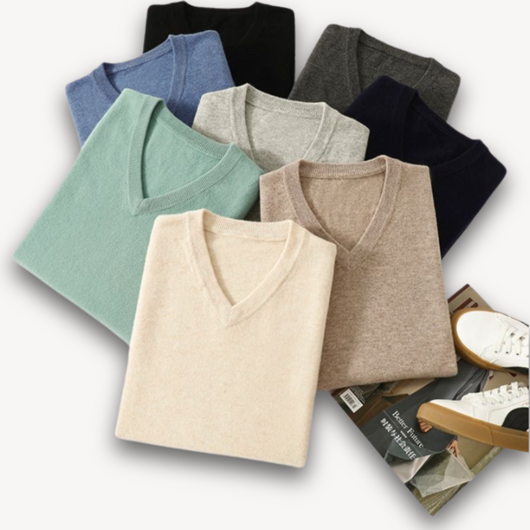 Premium soft fabric men's V-neck sweater, slim fit, comfortable long sleeve for everyday luxury.