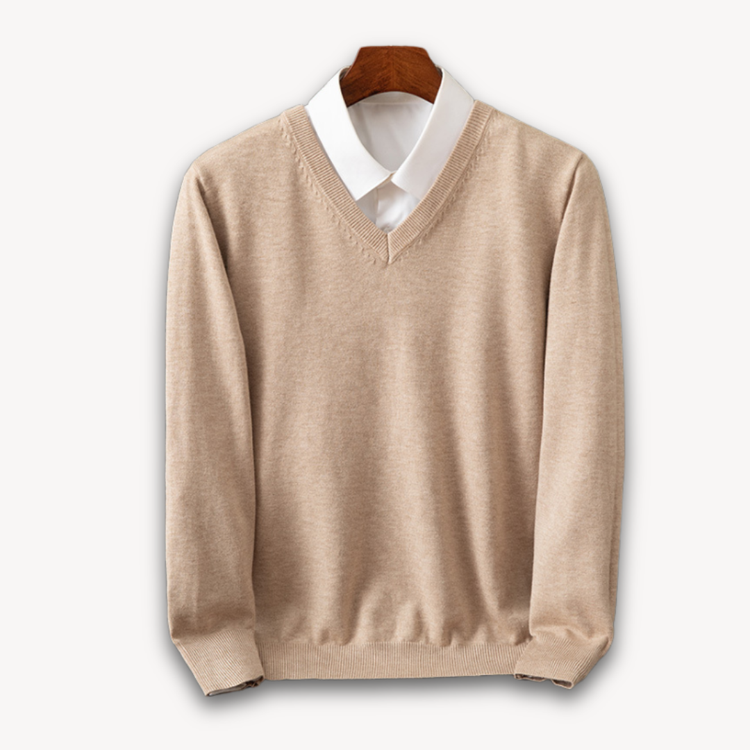 Smart casual men's V-neck sweater, slim fit, great for office or weekend style.
