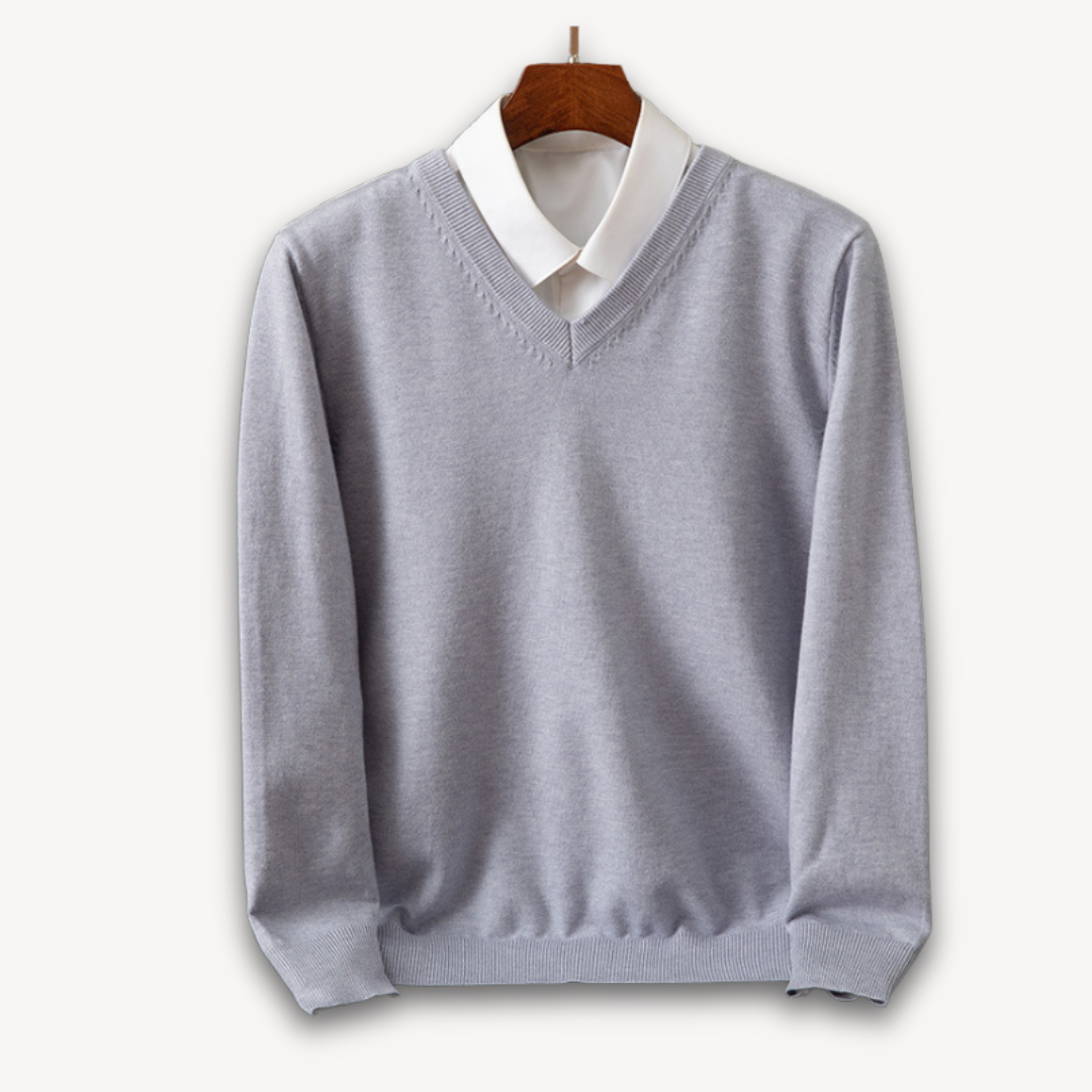 Luxuriously soft men's V-neck sweater, slim fit, comfortable long sleeve for daily wear.