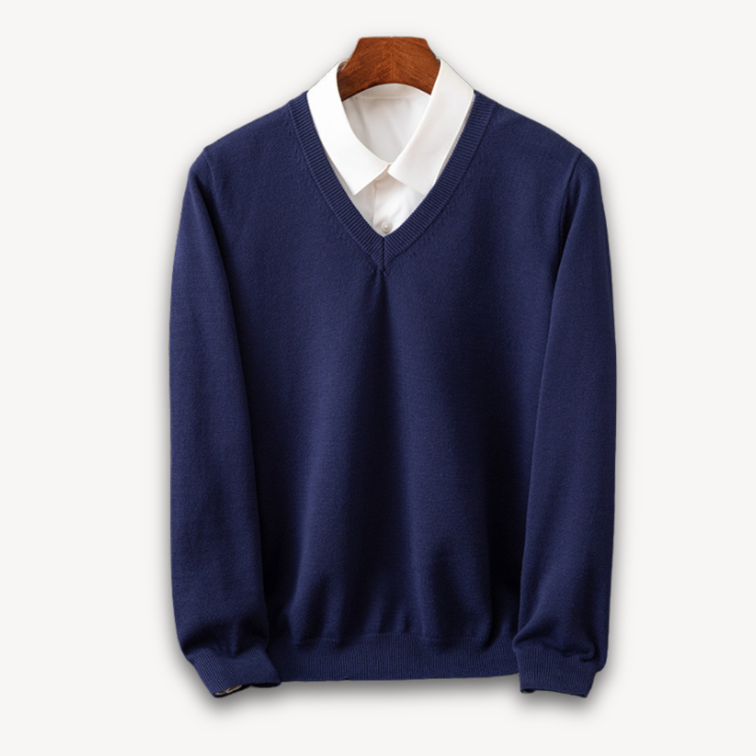 Classic black men's V-neck sweater, slim fit, soft comfort, ideal for versatile styling.