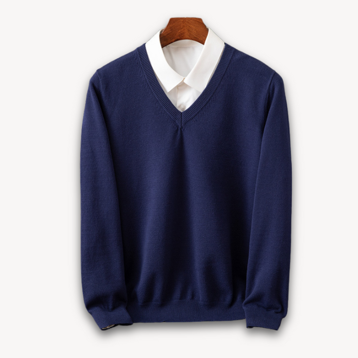 Classic black men's V-neck sweater, slim fit, soft comfort, ideal for versatile styling.