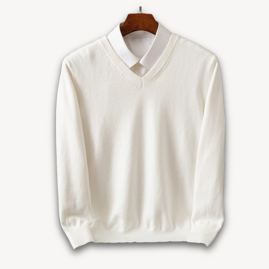 Man wearing slim fit V-neck sweater, stylish & comfortable for men's fashion.