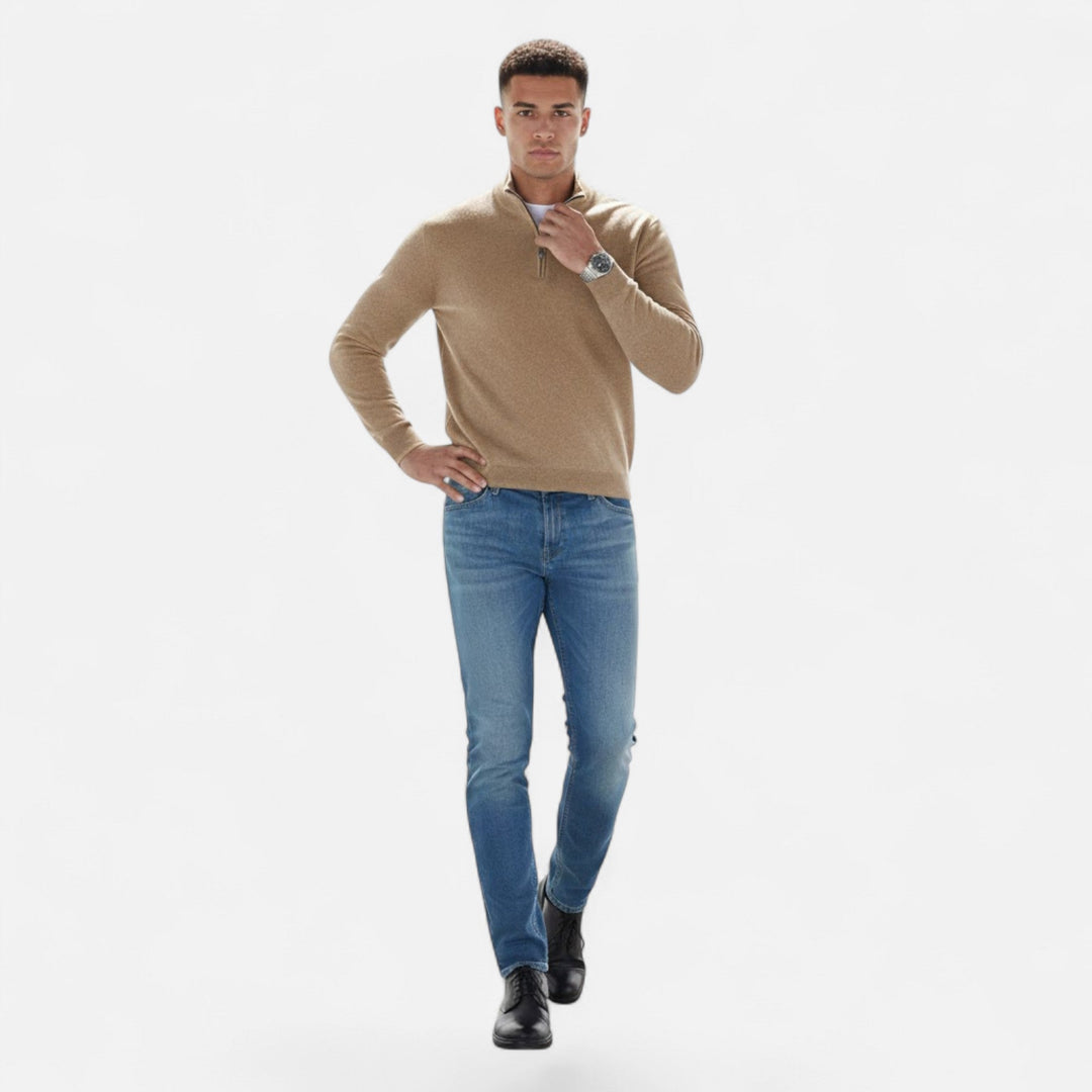 Men's V-neck cashmere blend sweater with subtle zipper detail for a chic look