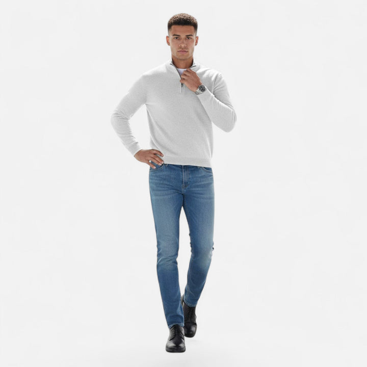 Premium men's V-neck cashmere blend knitwear with a stylish zipper closure