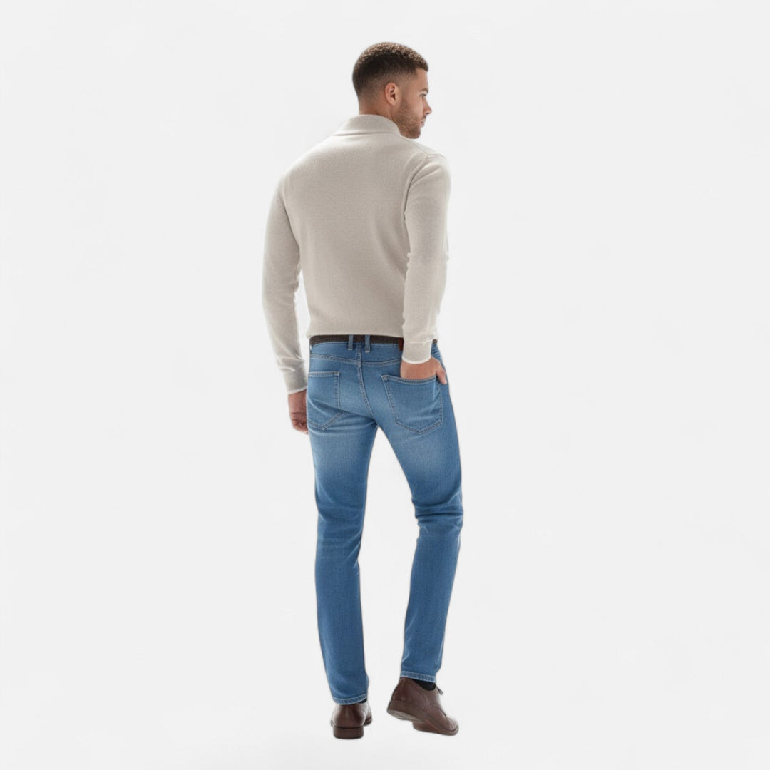 Close-up of Valmonti Heritage men's cashmere blend V-neck sweater showing zipper and texture