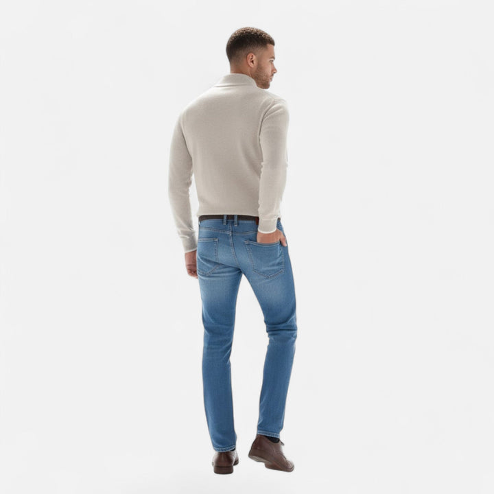 Close-up of Valmonti Heritage men's cashmere blend V-neck sweater showing zipper and texture